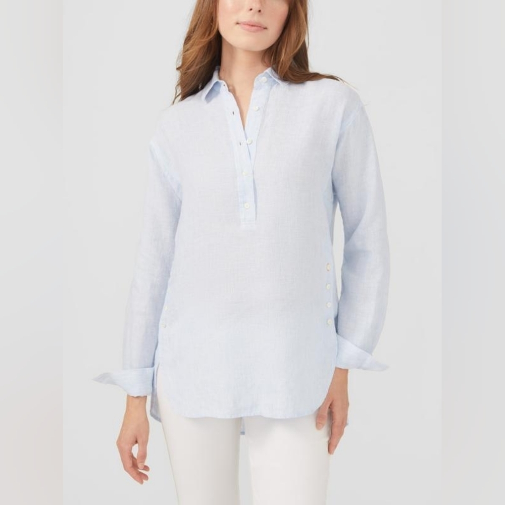 NWOT J. McLaughlin Size S Fallon Linen Popover Light Blue Button Down Shirt